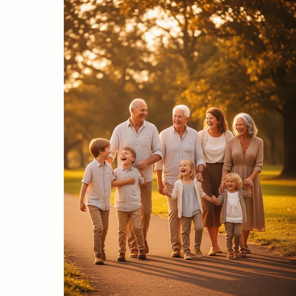 Multigenerational family laughing together while walking through a sunlit park