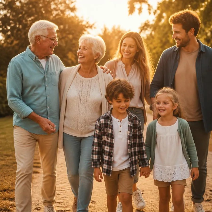 Multigenerational family walking together in a sunlit park