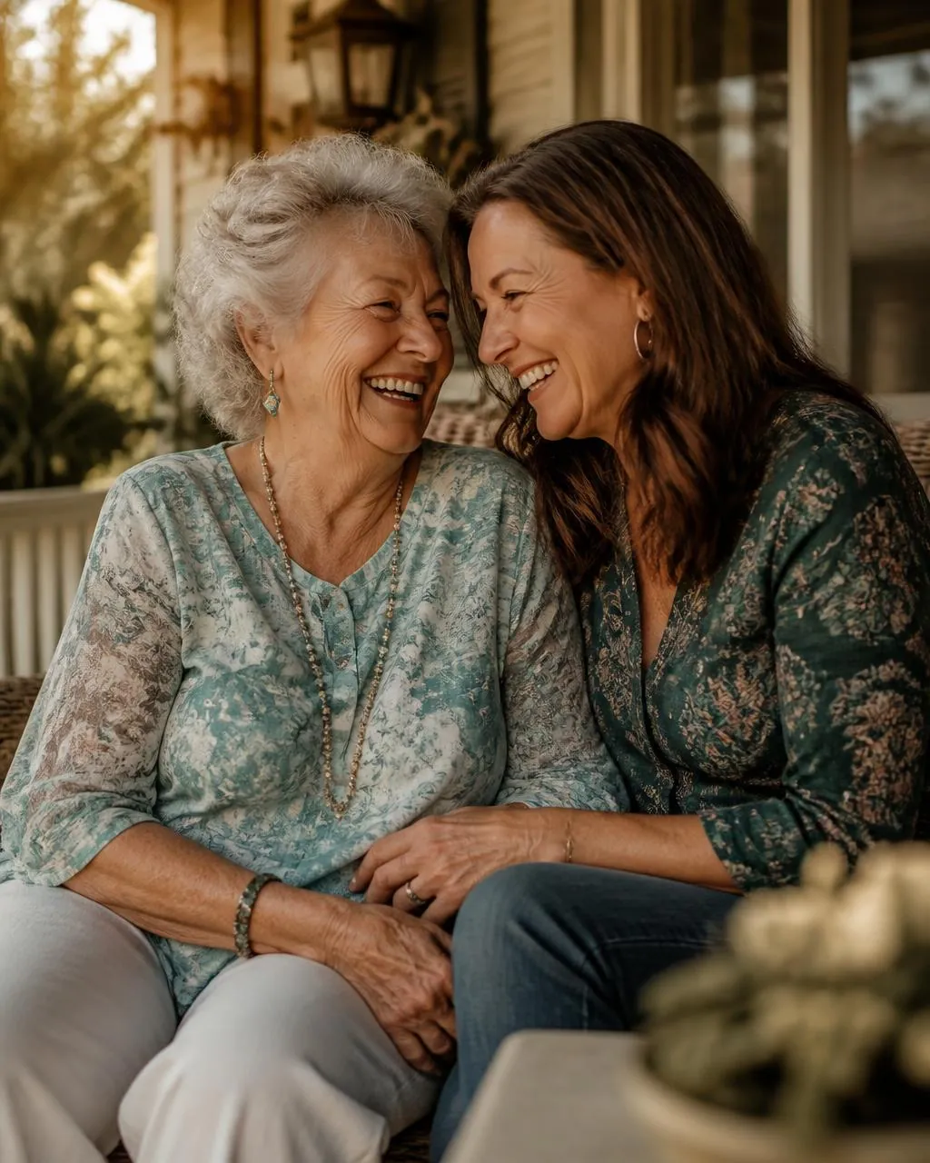 Grandmother and daughter laughing together on a porch at golden hour